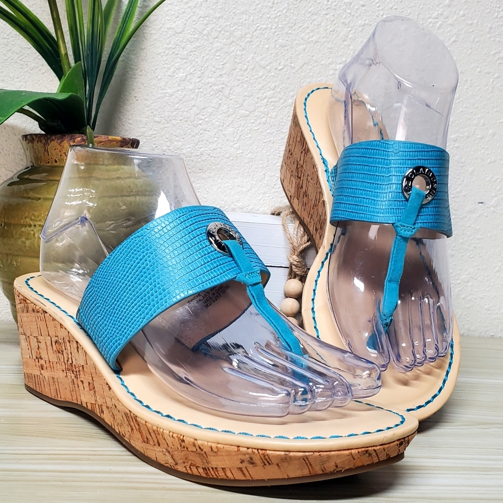 Liz Claiborne Sky Blue LC Lively Cork Wedge Slip On Sandals Size 7.5